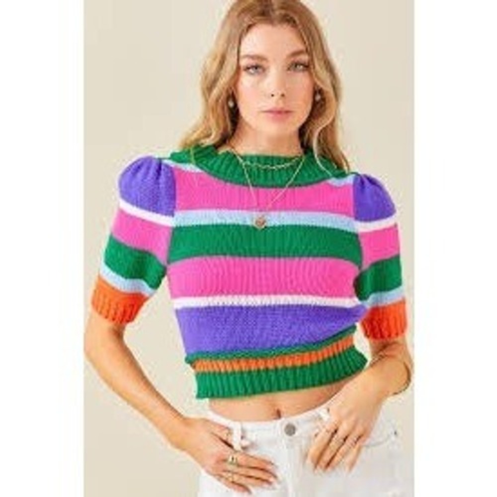 DAY + MOON Penny Multi Strip Knit Sweater Med. Short Sleeve Puff Dopamine Retro